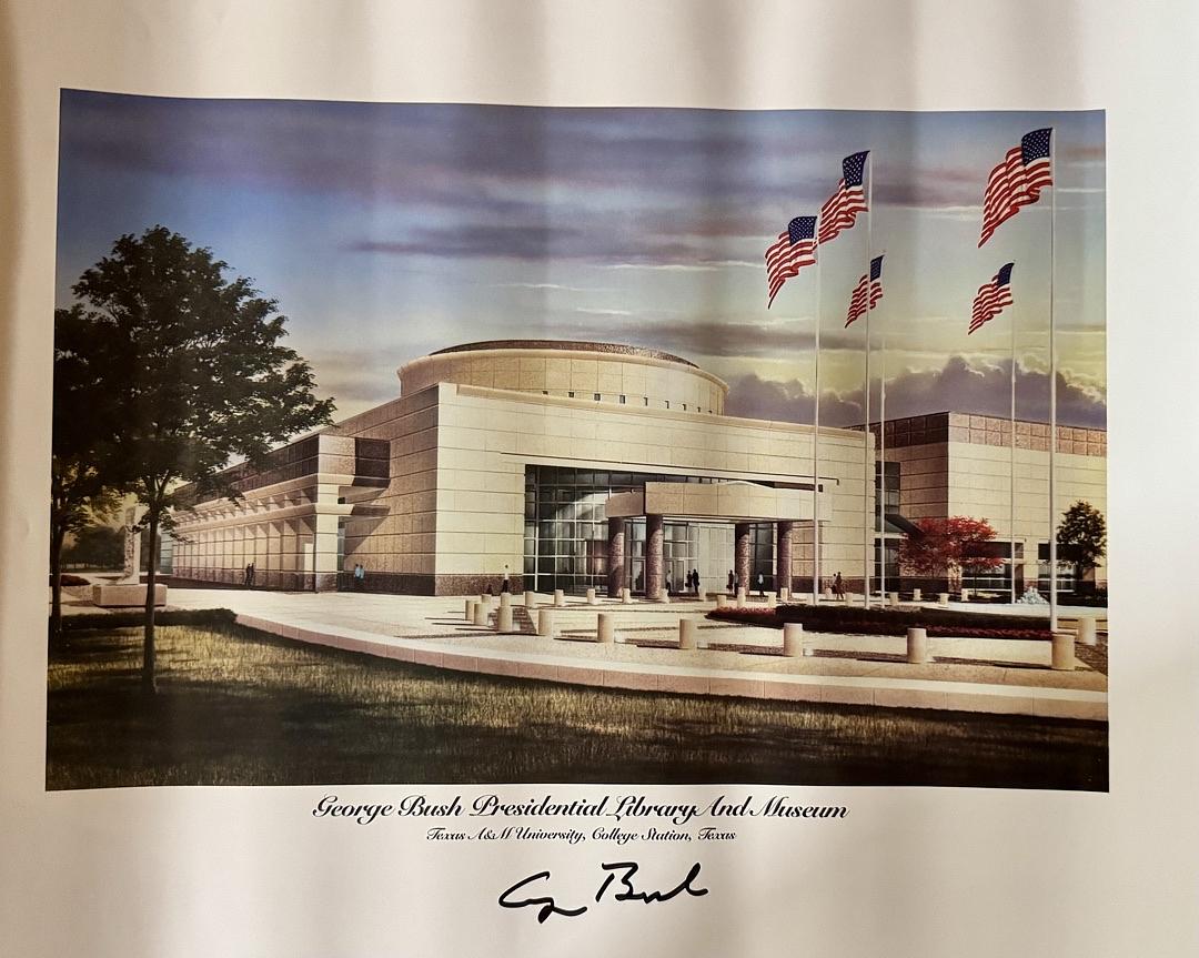 George HW Bush signed Bush Presidential Library 26x10 watercolor print - PENDING